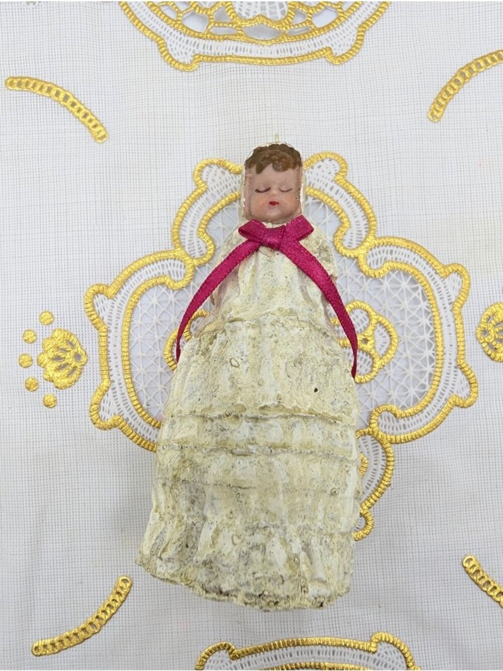 Vintage Christmas Ornament Baby Girl Victorian or Christening Gown 3.8"